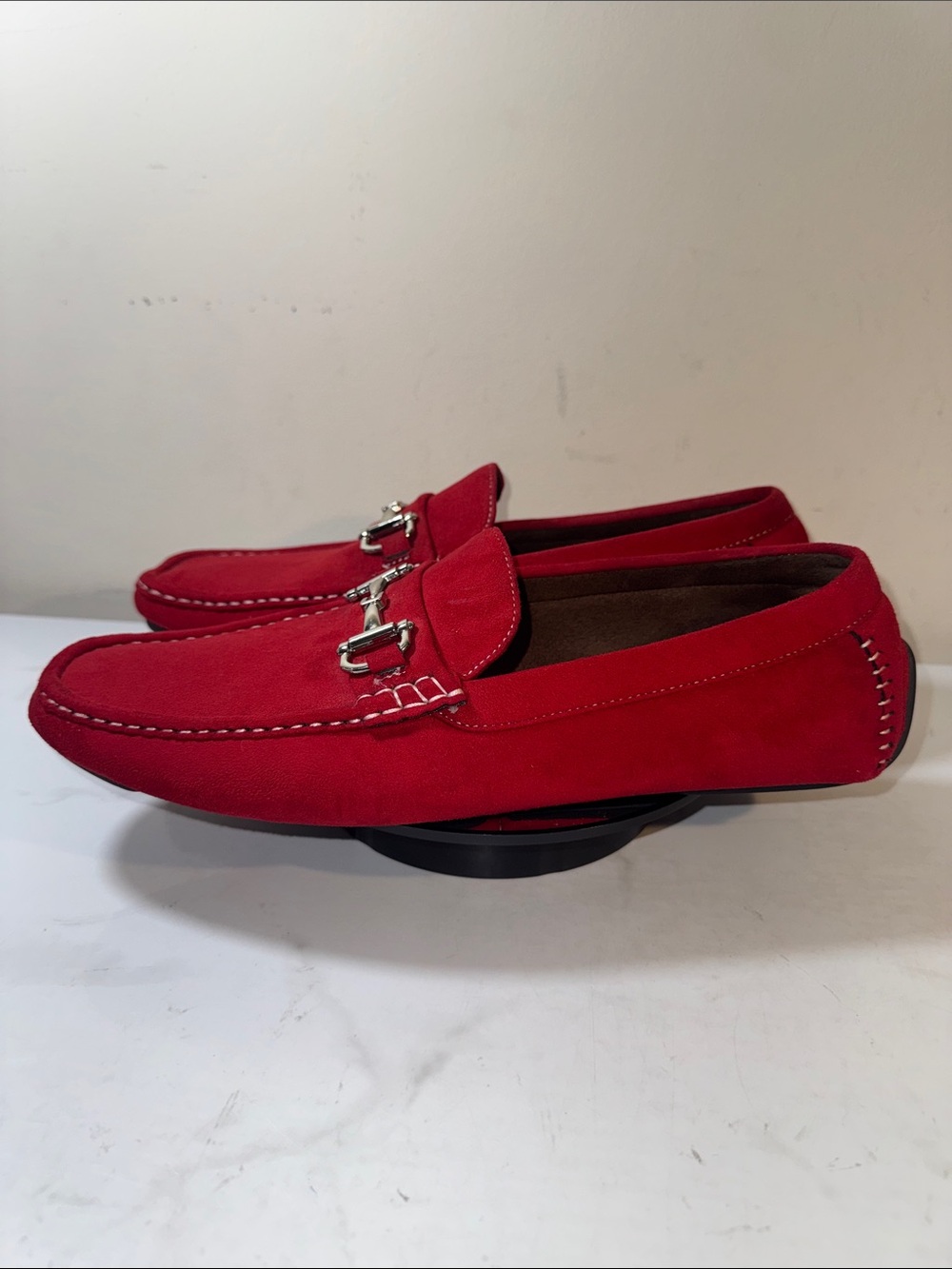 David Stone Men's Red Suede Slip-On Driving Loafers with Silver Bit Size 12